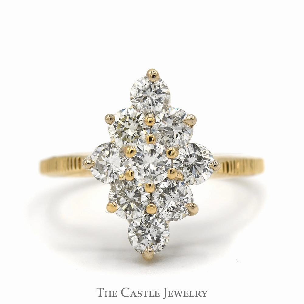 Warranty Included 1.75cttw Marquise Shaped Diamond Cluster Ring with Notched Sides in 14k Yellow Gold