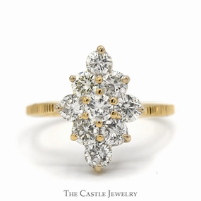 Warranty Included 1.75cttw Marquise Shaped Diamond Cluster Ring with Notched Sides in 14k Yellow Gold