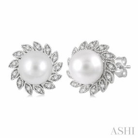 Sparkle Focus 6x6 MM Round Shape Cultured Pearls and 1/10 ctw Sunflower Round Cut Diamond Earrings in 10K White Gold