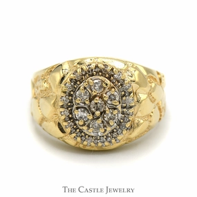 Oval Shaped 1/2cttw Diamond Cluster Ring with Nugget Designed Sides in 10k Yellow Gold Beautiful Creation Luxury Keepsake