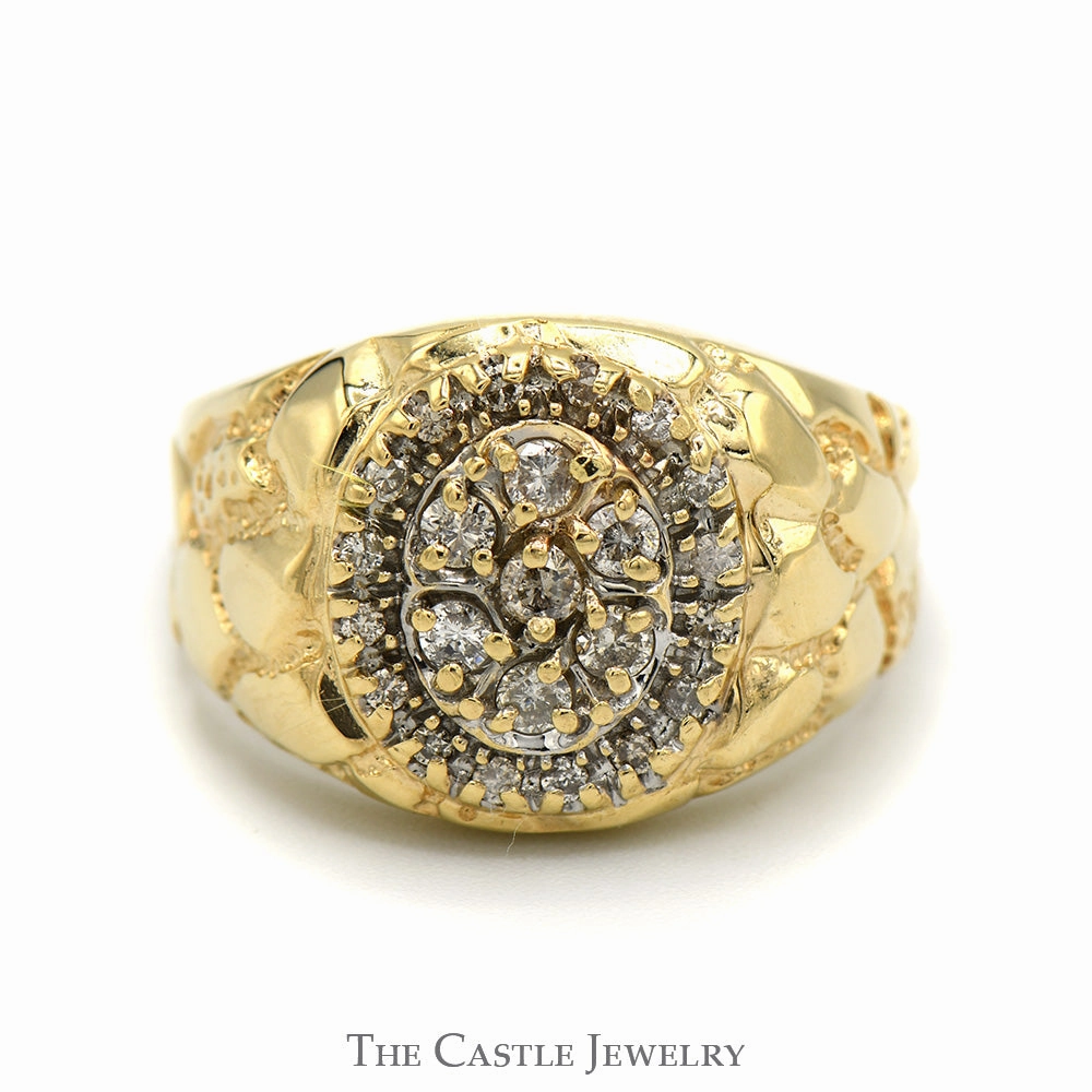Oval Shaped 1/2cttw Diamond Cluster Ring with Nugget Designed Sides in 10k Yellow Gold Beautiful Creation Luxury Keepsake