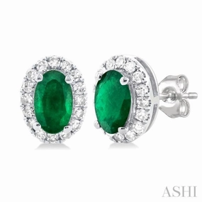 Luxury Mood 5x3 MM Oval Shape Emerald and 1/8 Ctw Single Cut Diamond Halo Precious Stud Earrings in 14K White Gold