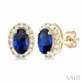 5x3 MM Oval Shape Sapphire and 1/8 Ctw Single Cut Diamond Halo Precious Stud Earrings in 14K Yellow Gold Studio Light