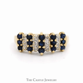 Multi Row Round Sapphire & Diamond Cluster Ring in 10k Yellow Gold Petite Touch