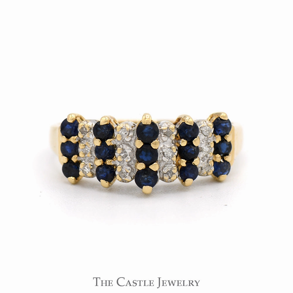Multi Row Round Sapphire & Diamond Cluster Ring in 10k Yellow Gold Petite Touch