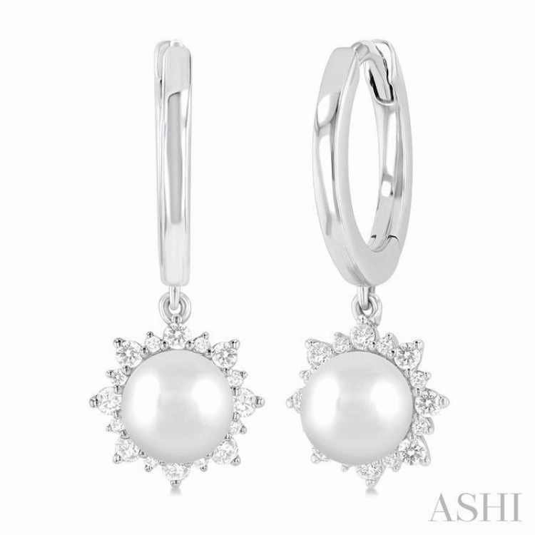 5.5 MM Round shape Cultured Pearls and 1/5 Ctw Round Cut Diamond Petite Fashion Huggies in 10K White Gold Work Outfit Zoom Focus