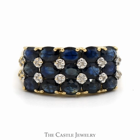 Millennium Style Wonderful Art Oval Sapphire & Round Diamond Cluster Band in 14k Yellow Gold