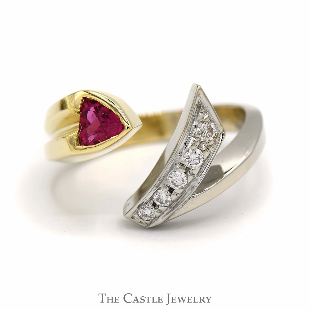 Trillion Cut Pink Tourmaline Ring with Diamond Accents in 14k Two Tone White & Yellow Gold Light Duty