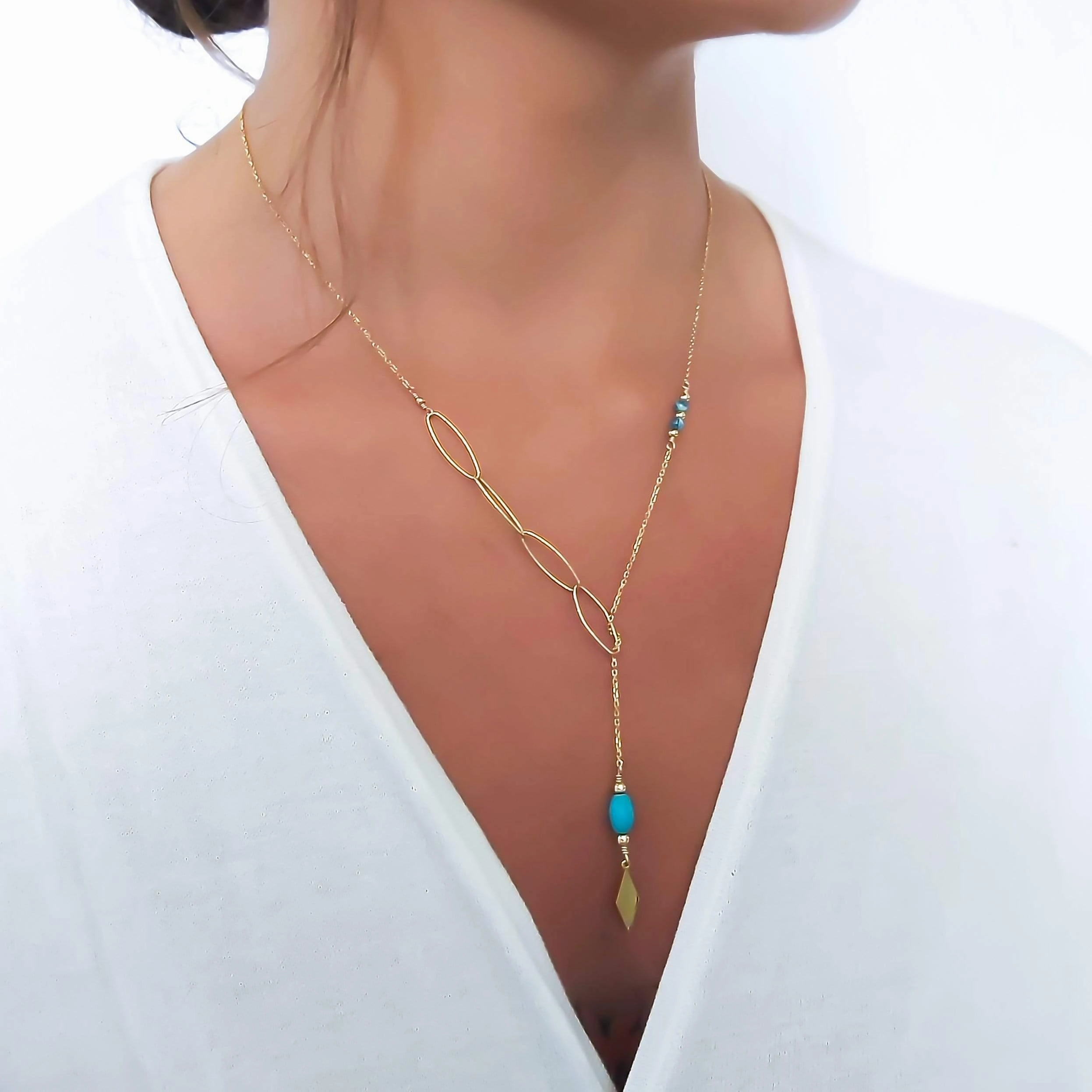 Excellent Jewelry Gift Accessory Gold Chain Lariat Necklace with Turquoise Beads, Long Unique Delicate Necklace for Women