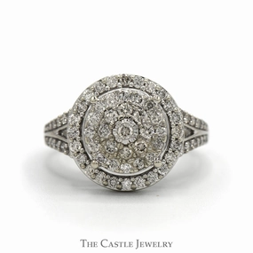 Comfortable Object Low-Cost Gift 1cttw Round Diamond Cluster Ring with Diamond Halos & Accented Sides in 10k White Gold Split Shank Setting