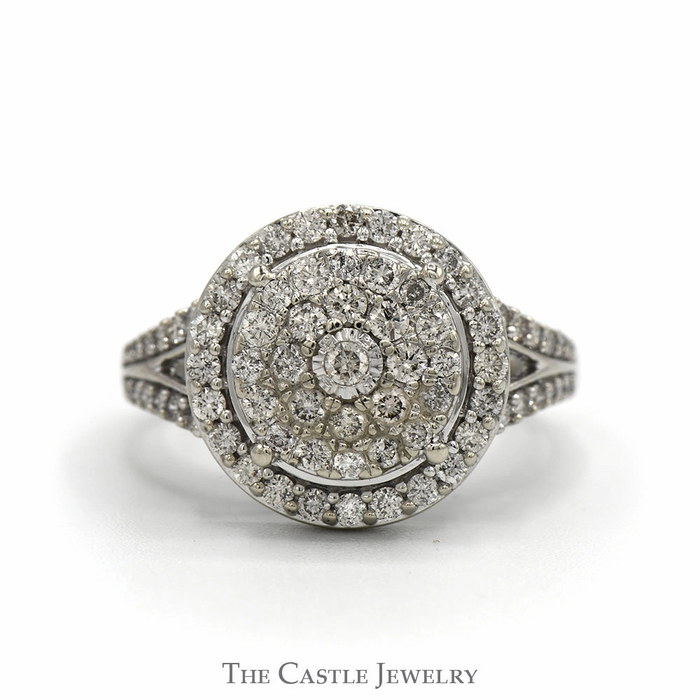 Comfortable Object Low-Cost Gift 1cttw Round Diamond Cluster Ring with Diamond Halos & Accented Sides in 10k White Gold Split Shank Setting