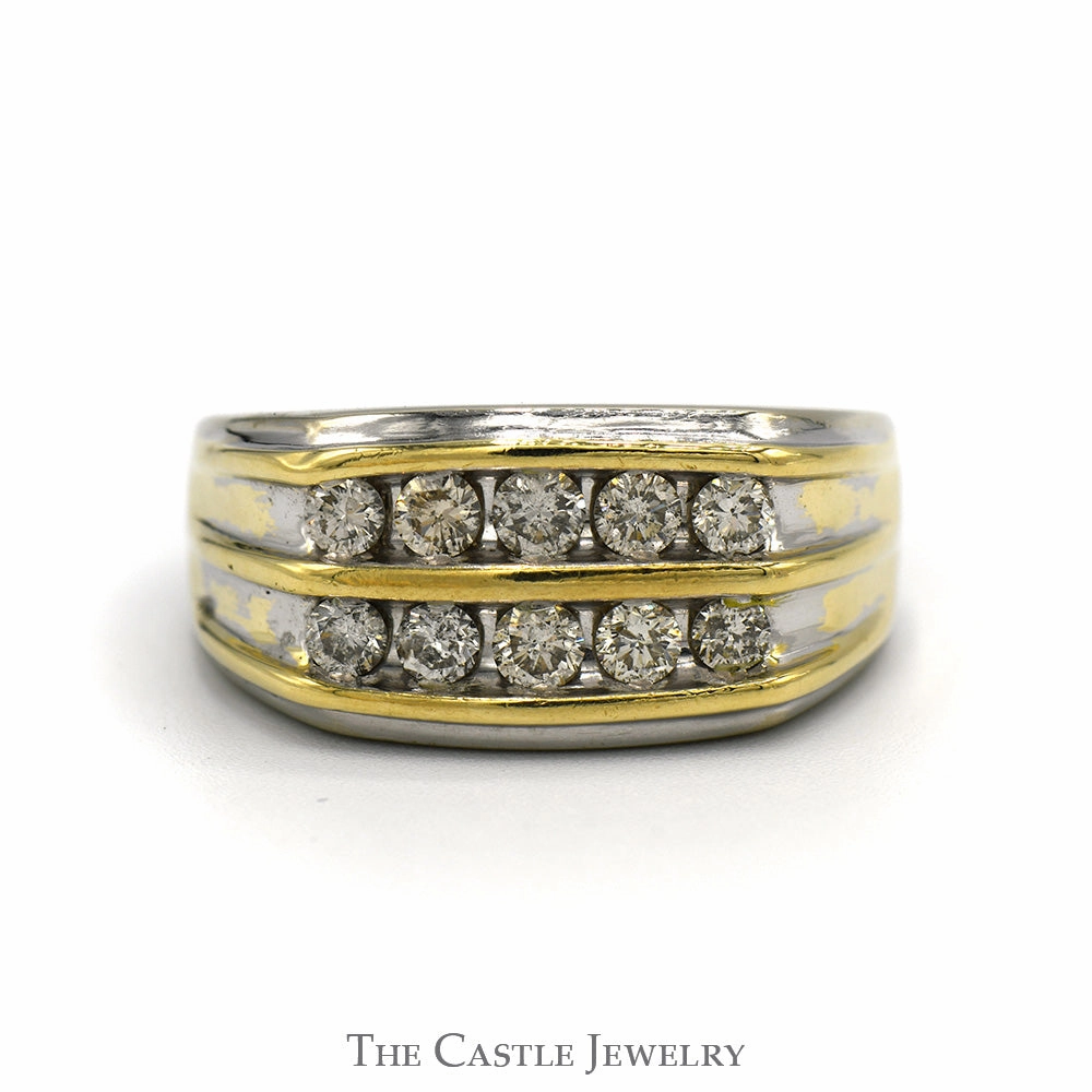 1cttw Double Row Round Nick Set Diamond Men's Ring in 10k White & Yellow Gold Collector's Piece