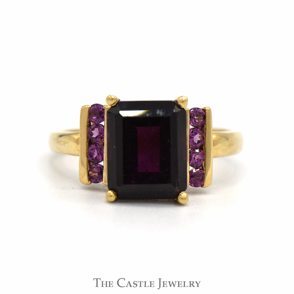 Emerald Cut Rhodolite Garnet Ring with Accented Sides in 10k Yellow Gold Handcrafted Object