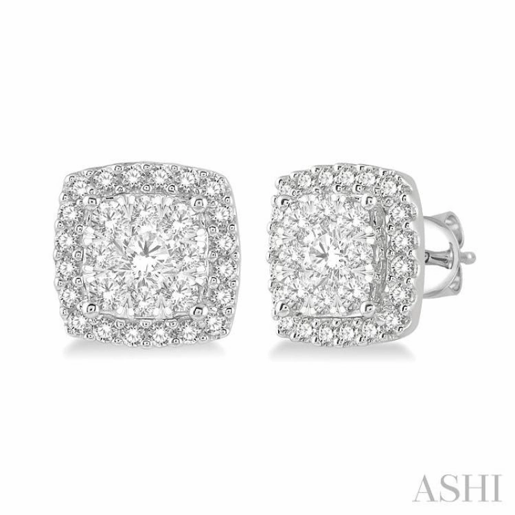 3/4 Ctw Cushion Shape Lovebright Round Cut Diamond Stud Earrings in 14K White Gold Bold Touch Gleaming Shine