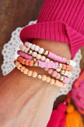 Pink stack of 5 clay and wood beads bracelets in pinks, white and peach Unsurpassed Detail