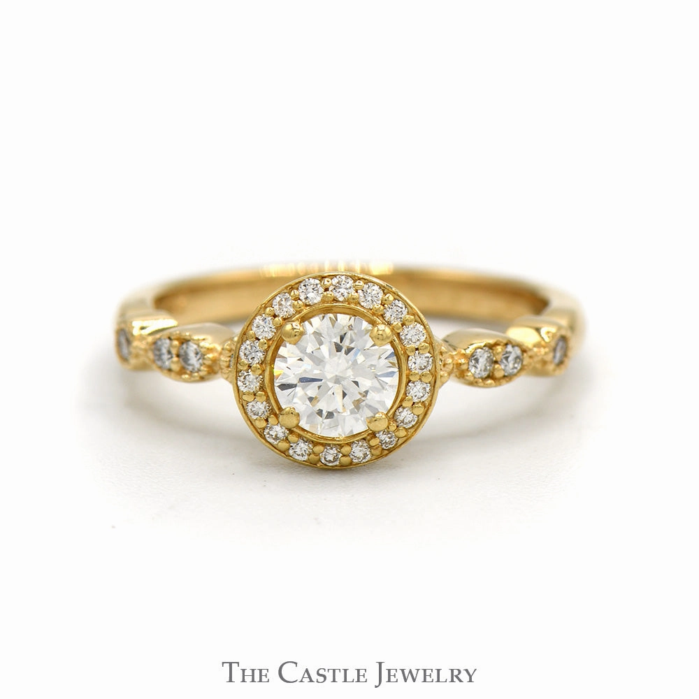 Fresh Appeal 3/4cttw Round Diamond Solitaire Engagement Ring with Diamond Halo and Accented Sides in 14k Yellow Gold