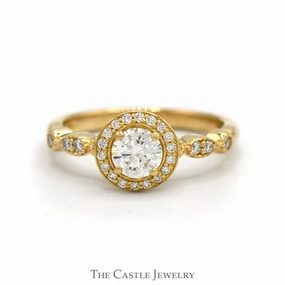Fresh Appeal 3/4cttw Round Diamond Solitaire Engagement Ring with Diamond Halo and Accented Sides in 14k Yellow Gold