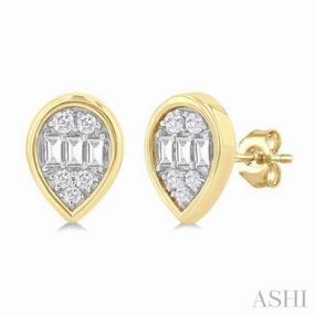 Charming Touch Eye-Catching Craft 1/5 Ctw Petite Bezel Set Pear Shape Fusion Baguette and Round Cut Diamond Fashion Stud Earring in 10K Yellow Gold