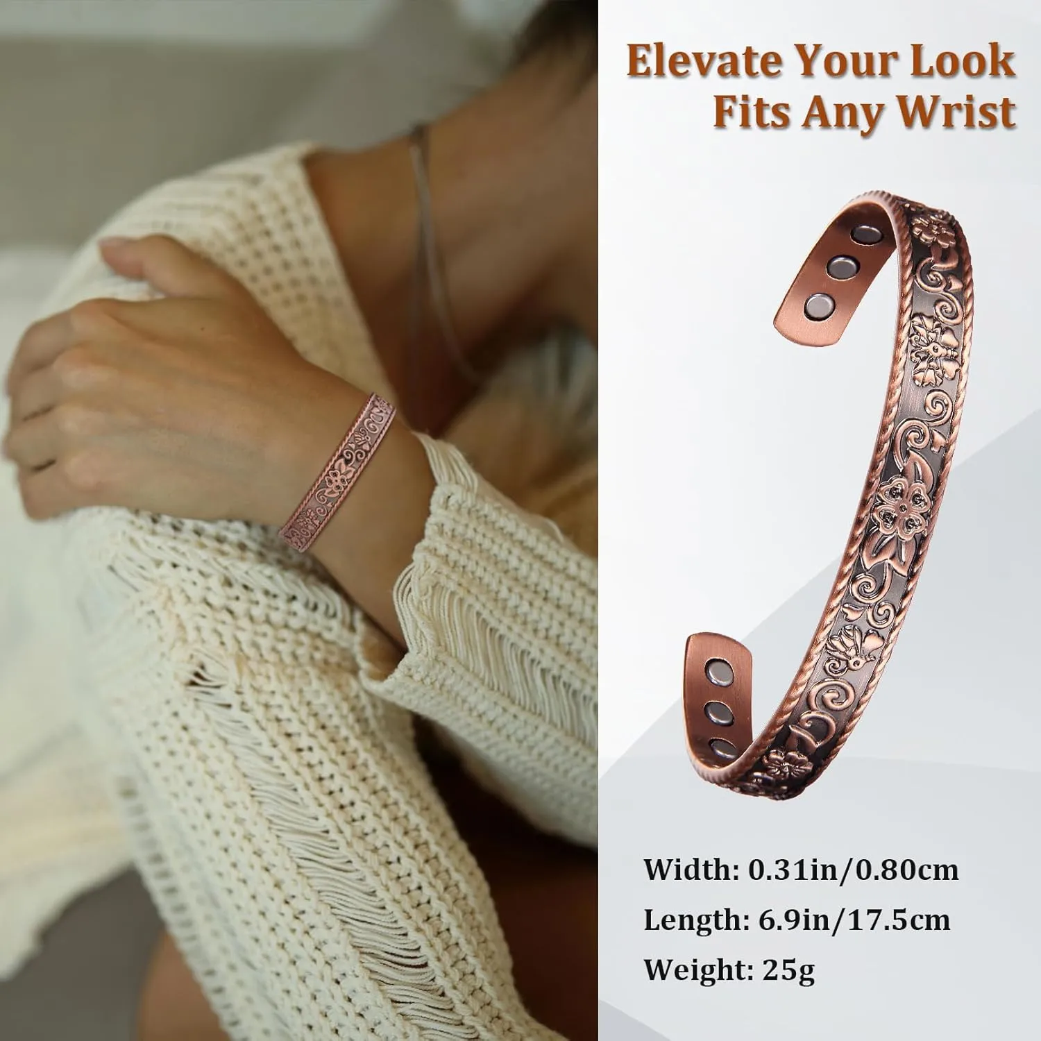 Copper Bracelets for Women, 6X Strength Magnetic Bracelets for Women, 99.99% Pure Copper Jewelry with Crystals & 3800 Gauss Neodymium Magnets, Adjustable