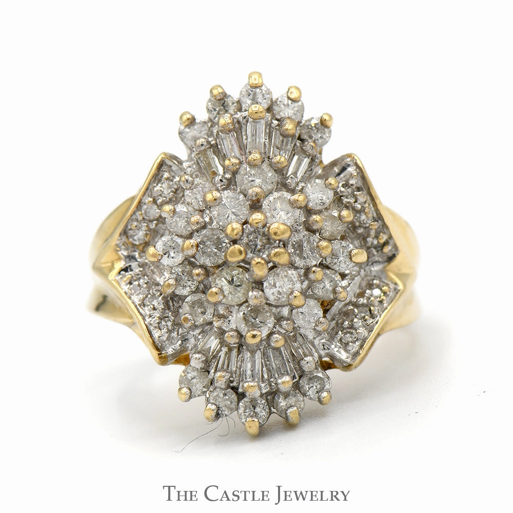 1/2cttw Baguette and Round Diamond Cluster Ring in 10k Yellow Gold Stylish Art Curved Line