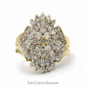 1/2cttw Baguette and Round Diamond Cluster Ring in 10k Yellow Gold Stylish Art Curved Line