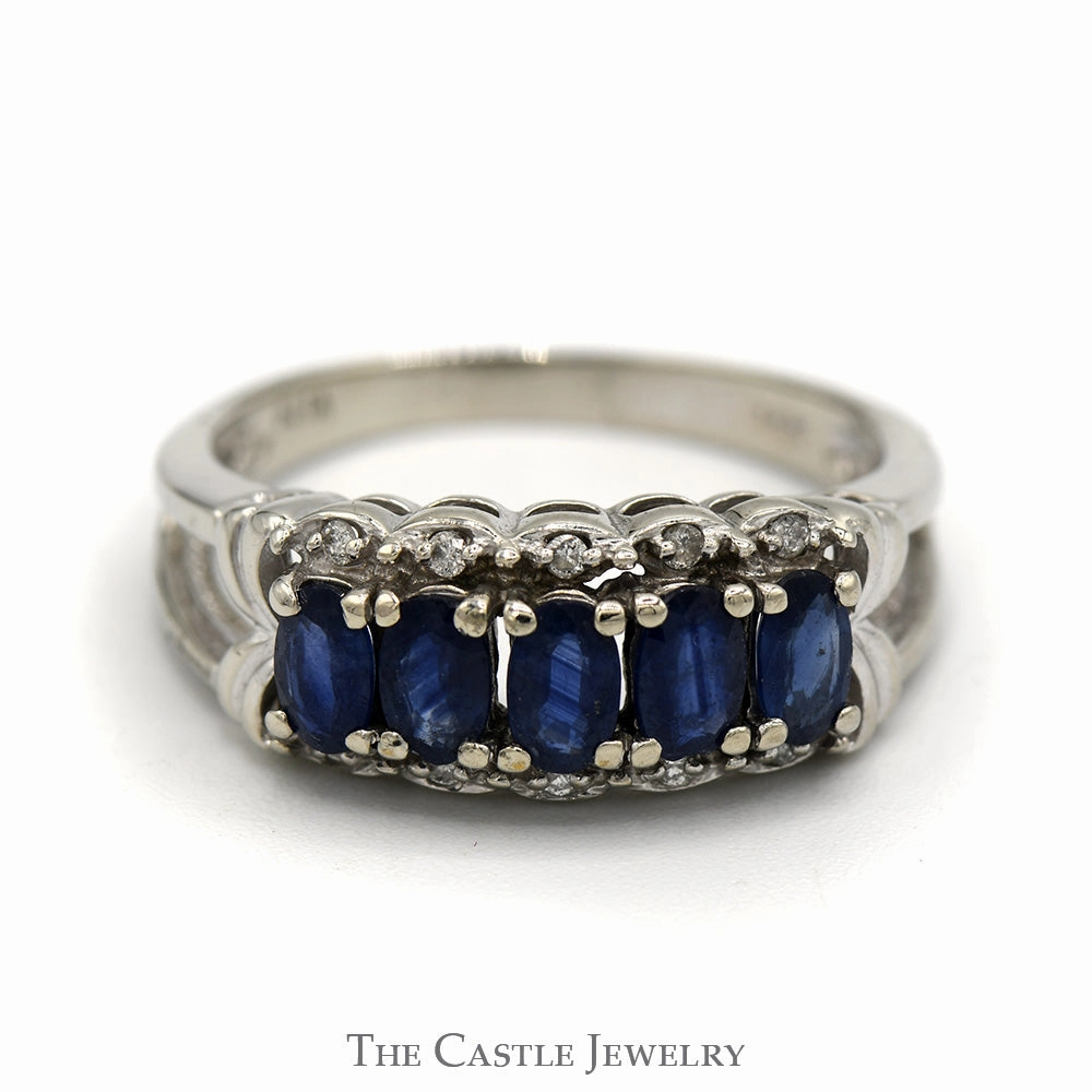 See Through Premium Set Oval Sapphire Band with Scalloped Mounting & Diamond Accents