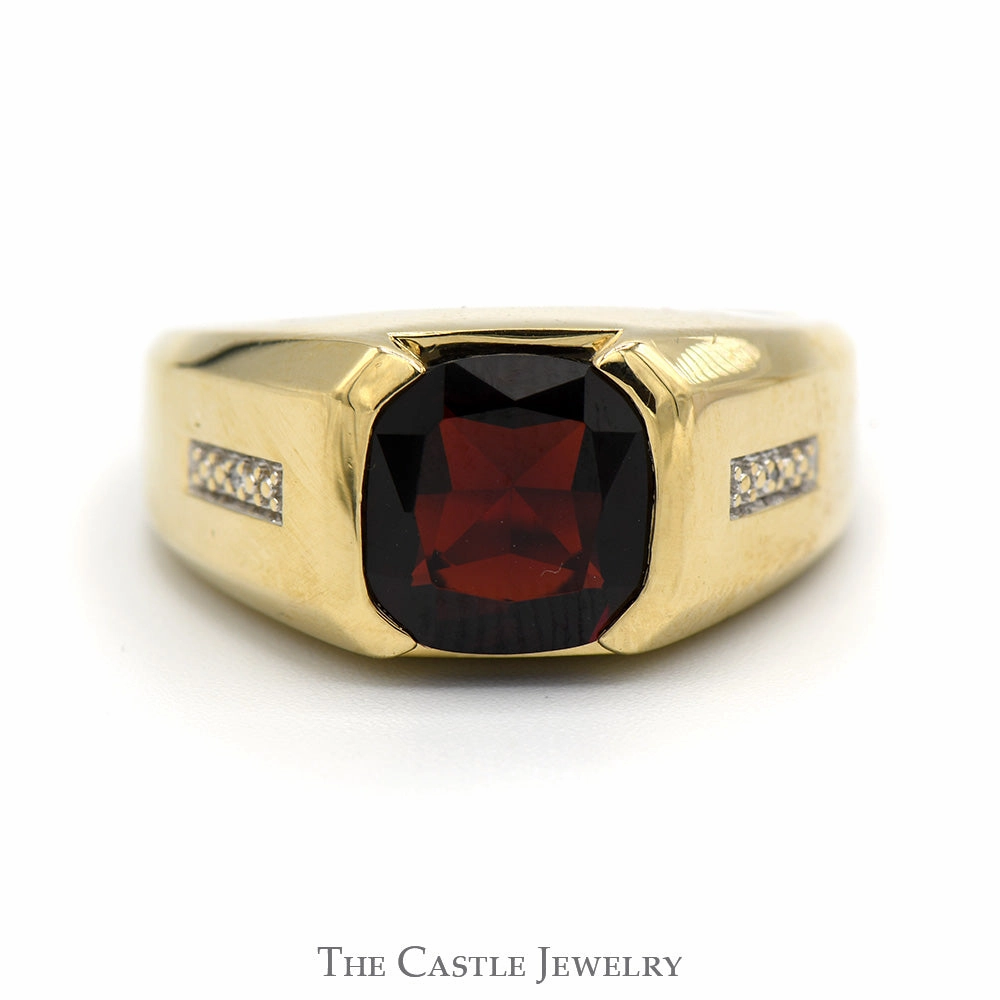 Simple Product Men's Cushion Cut Garnet Ring with Illusion Set Diamond Accents in 10k Yellow Gold