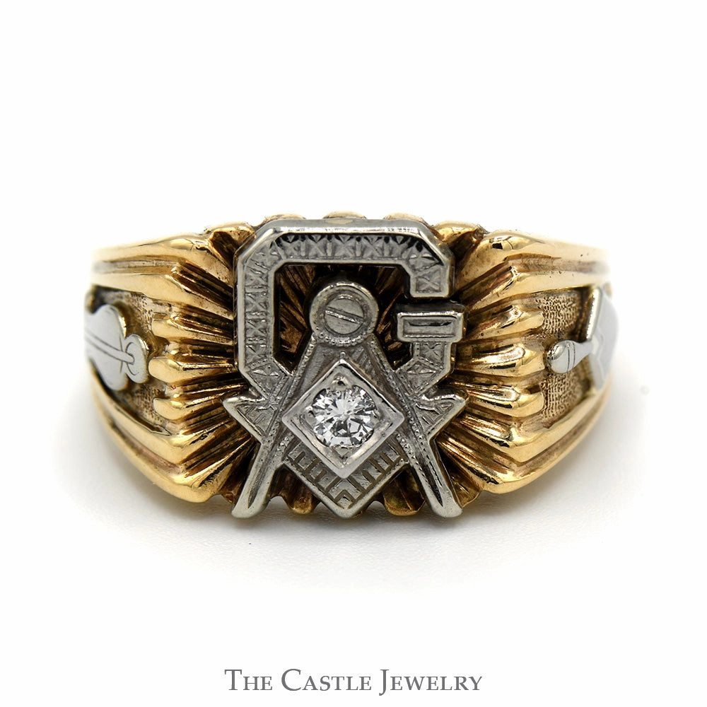 Luxury Article Affordable Ornament Two Tone Diamond Masonic Ring in 10k White and Yellow Gold