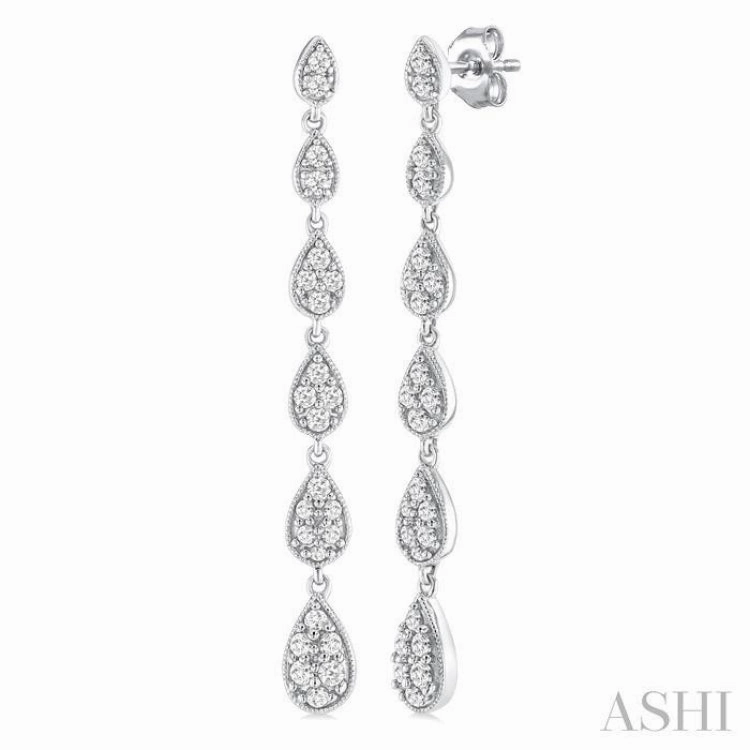 Polished Highlights Lustrous Feature 1/2 Ctw Graduated Pear Shape Round Cut Diamond Fashion Long Earring in 14K White Gold