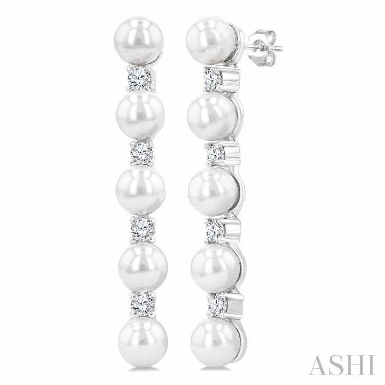 Red Carpet Glamour Accent 4MM Cultured Pearl and 1/4 Ctw Round Cut Diamond Fashion Earrings in 14K White Gold