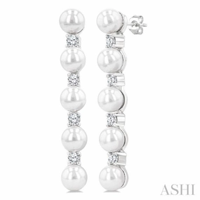Red Carpet Glamour Accent 4MM Cultured Pearl and 1/4 Ctw Round Cut Diamond Fashion Earrings in 14K White Gold