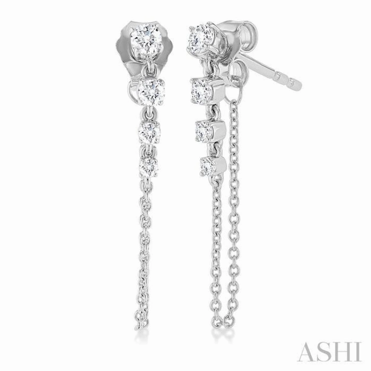 Handmade Design 1/3 Ctw Journey Round Cut Diamond Fashion Long Chain Earring in 14K White Gold