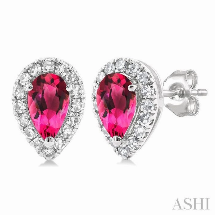 5x3 MM Pear Shape Pink Tourmaline and 1/8 Ctw Single Cut Diamond Halo Semi-Precious Stud Earrings in 10K White Gold Polished Surface