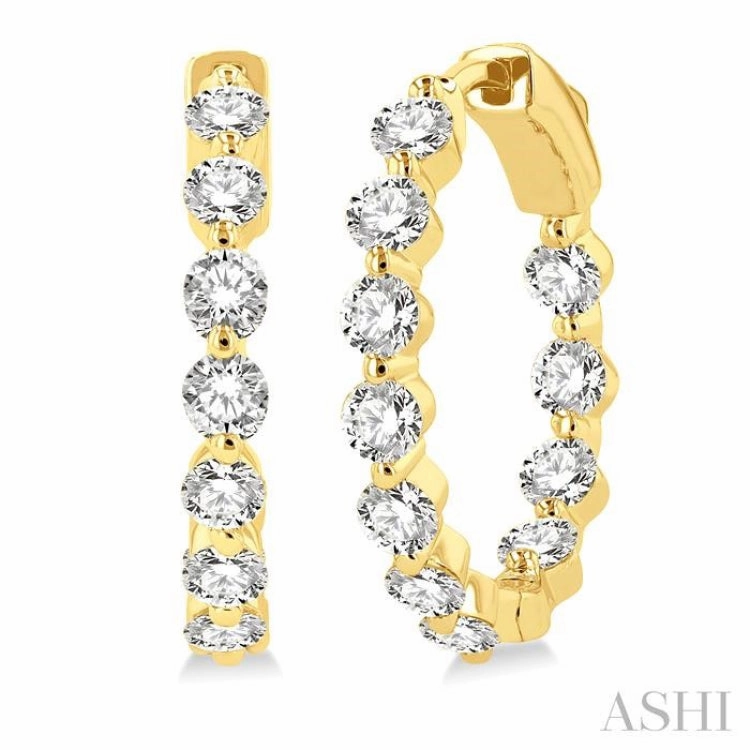 2 ctw Inside-Out Single Prong Set Round Cut Diamond Hoop Earrings in 14K Yellow Gold Refined Detail