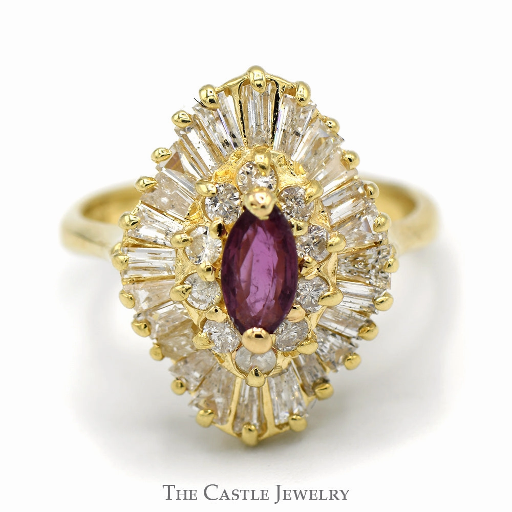 Marquise Cut Ruby Solitaire with Round & Baguette Diamond Ballerina Ring in 14k Yellow Gold gift for kids Personal Touch