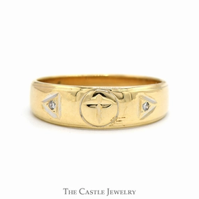 Attractive Look Engraved Cross Designed Band with Diamond Accented Sides in 14k Yellow Gold