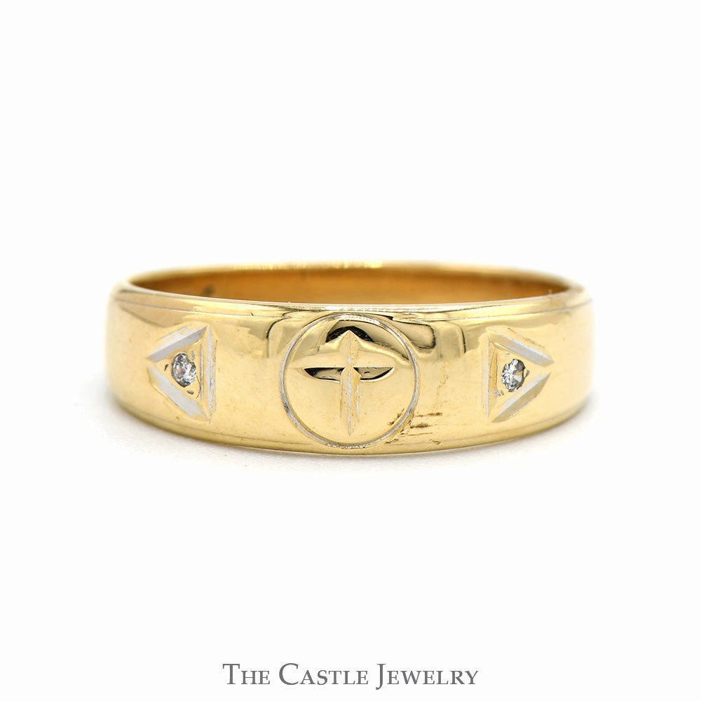 Attractive Look Engraved Cross Designed Band with Diamond Accented Sides in 14k Yellow Gold
