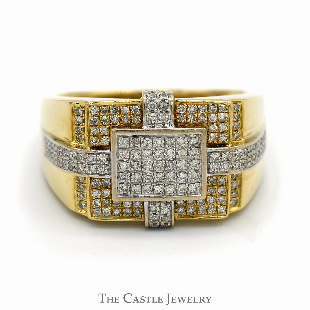 Men's 1/4cttw Square Shaped Pave Set Diamond Cluster Ring in 10k Two Tone Gold Classic Insignia