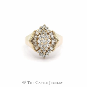 1CTTW Ornate Round and Baguette Cut Diamond Cluster Ring in 14KT Yellow Gold Old World