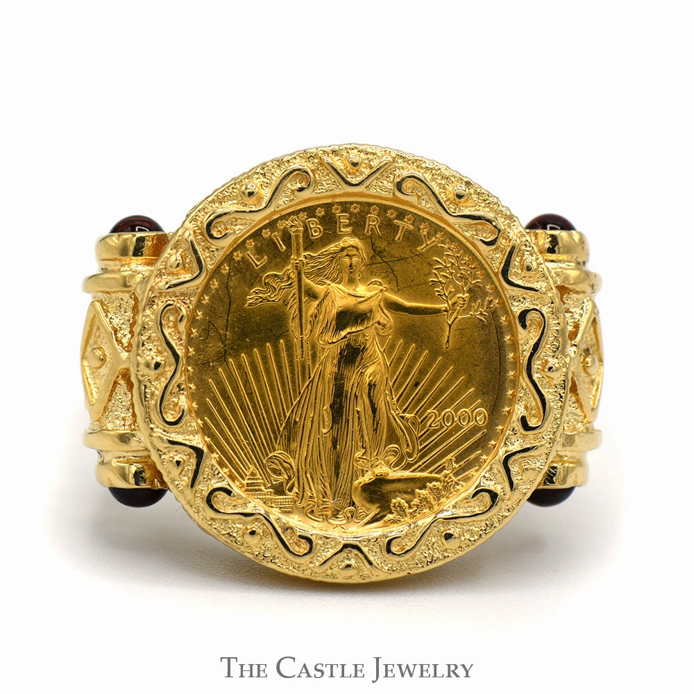 Secure Decoration Liberty Coin Ring with Garnet Accents and Ornate Scroll Design in 14k Yellow Gold