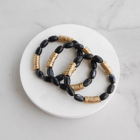 Joyful Fusions Marbled Glass Oval Beads Stack of 3 bracelets with golden discs Boho Bracelet Set