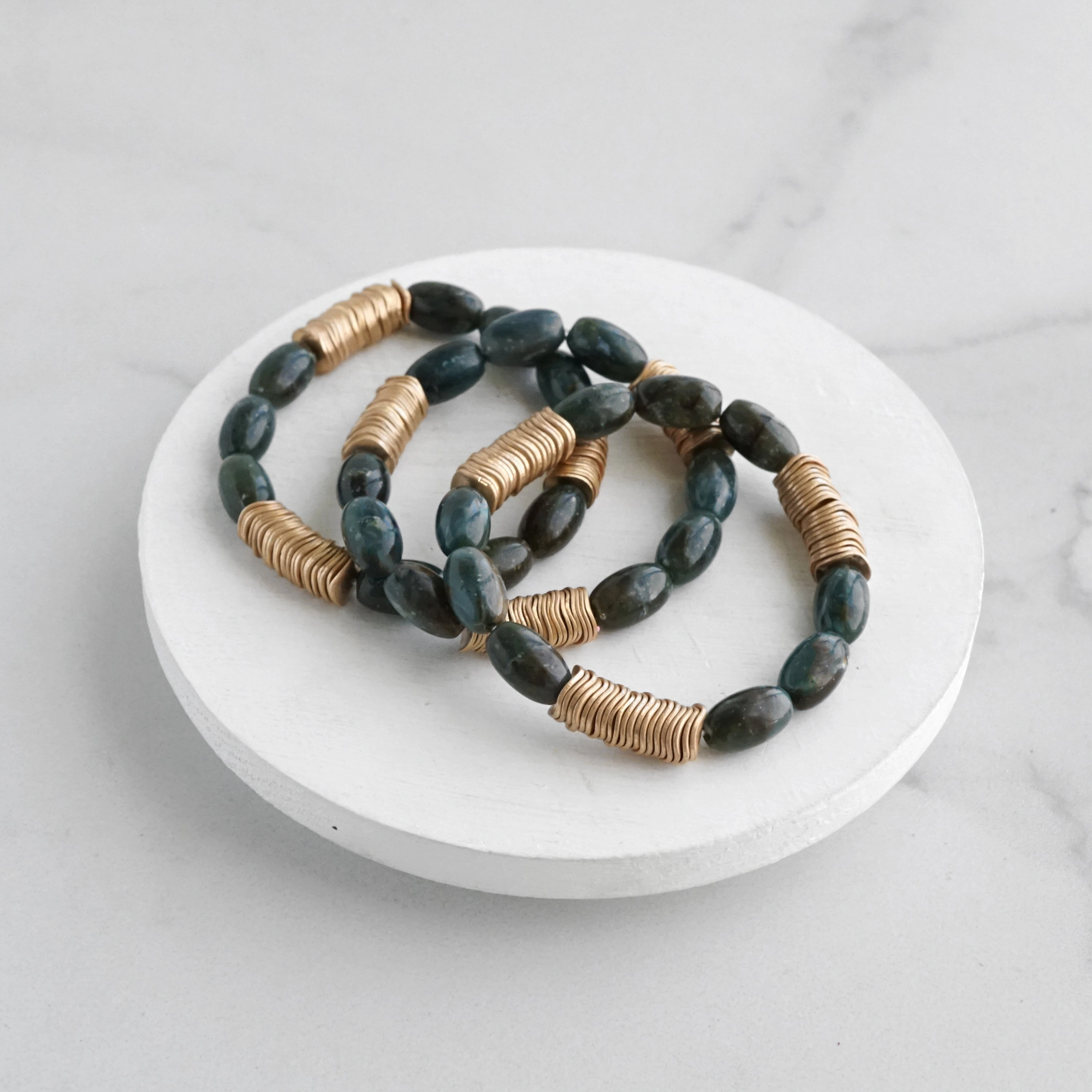 Marbled Glass Oval Beads Stack of 3 bracelets with golden discs Boho Bracelet Set Stylish accessories Cosmic Vibe