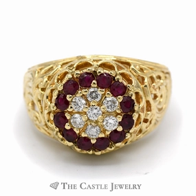 Ruby and Diamond Kentucky Cluster Ring in 14k Yellow Gold Glam Choice