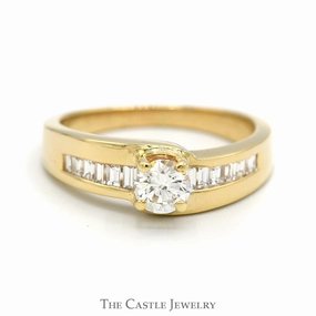 1cttw Round Diamond Solitaire Engagement Ring with Channel Baguette Cut Diamond Accents in 14k Yellow Gold Romantic Statement Glow Effect