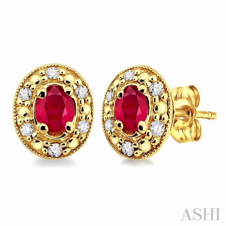 Spark Moment Modern Accessory 4x3 MM Oval Shaped Ruby and 1/10 ctw Single Cut Diamond Earrings in 10K Yellow Gold