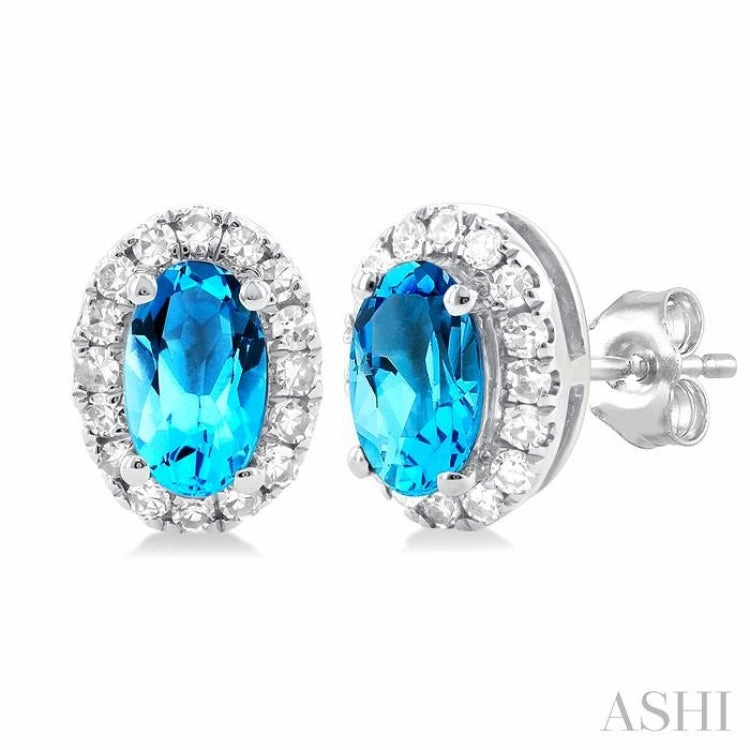 5x3 MM Oval Shape Blue Topaz and 1/8 Ctw Single Cut Diamond Halo Semi-Precious Stud Earrings in 14K White Gold Holiday Outfit Shining Edge