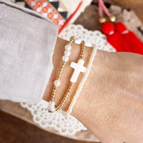 Cross, Pearls & Gold Beaded Bracelet Set ?C Classic & Timeless Made for you Consistent Fusions