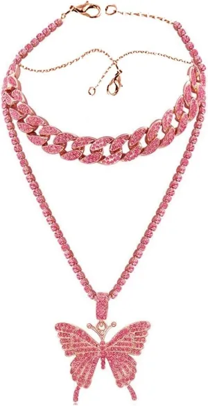 Crystal Butterfly Pendant Necklace for Women Collarbone Chain Double Layered Necklace (Rose Gold, One Size)