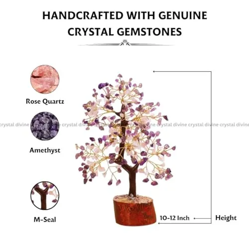 Crystal Divine Rose Quartz & Amethyst Crystal Tree Home Decor Items Crystal Bonsai Tree Showpiece for Home Decor Vastu Gift Items for Home Decoration Hall Decoration Items Healing Crystals Tree Gifts