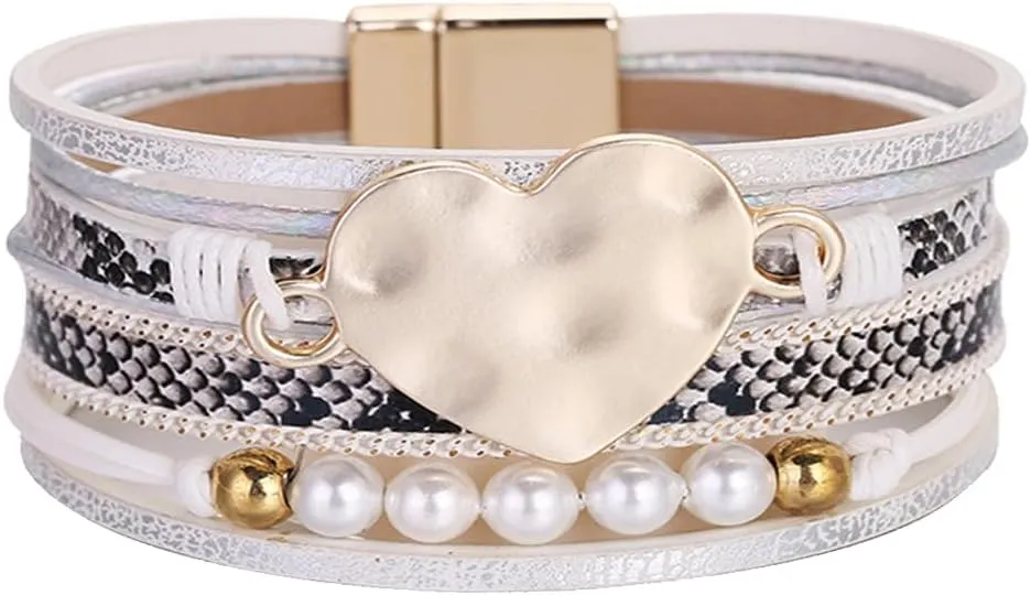 CSIYANJRY99 Leather Wrap Bracelet for Women Trendy Stackable Leather Cuff Bracelet Multilayer Boho Heart Snakeskin Printed Leather Bangle Bracelets